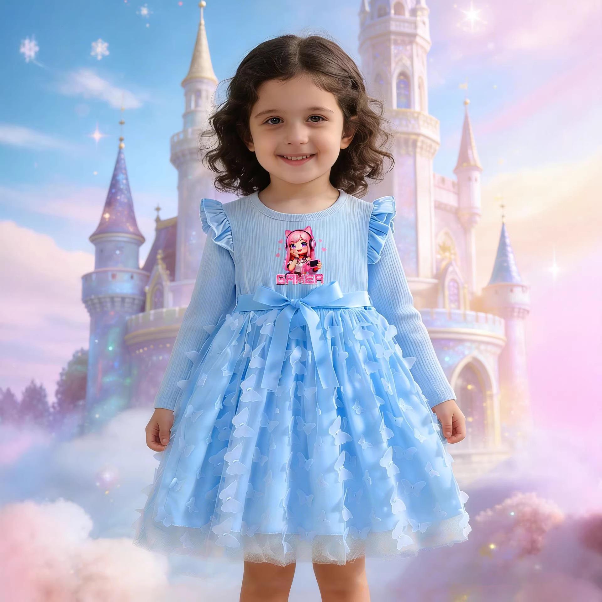 Girl s Fashionable Purple Princess Net-sheath Dress, Children s Bow-shaped Princess Dress 3-4Y светло-синий