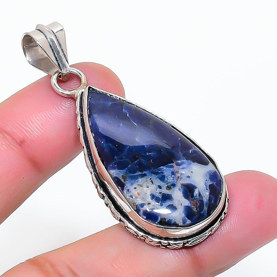 Natural Sodalite Gemstone Handmade 925 Sterling Silver Pendant 1.97" AP-15265