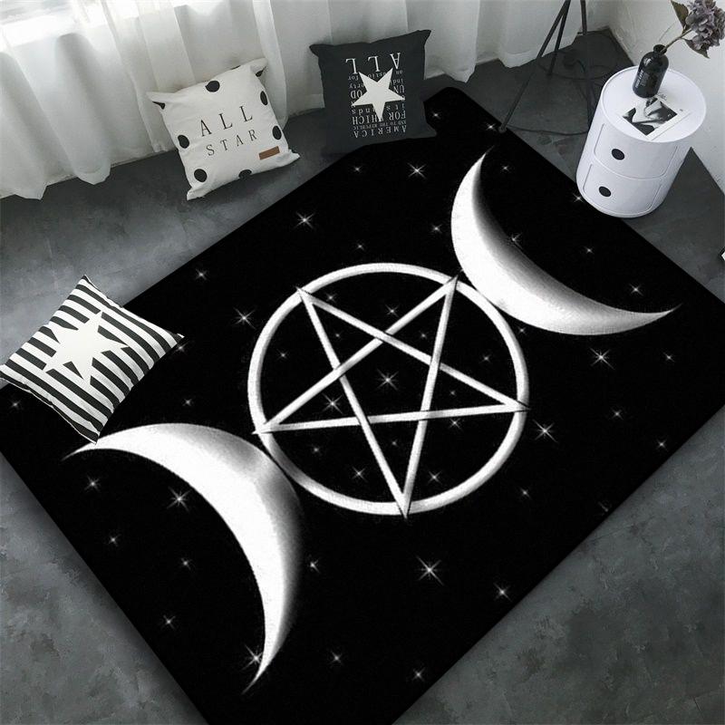 Triple Moon and Pentagram Altar or Tarot Witchy Floor Mat Black Witch Rug Gothic Decor Phases Divination Runic Carpet