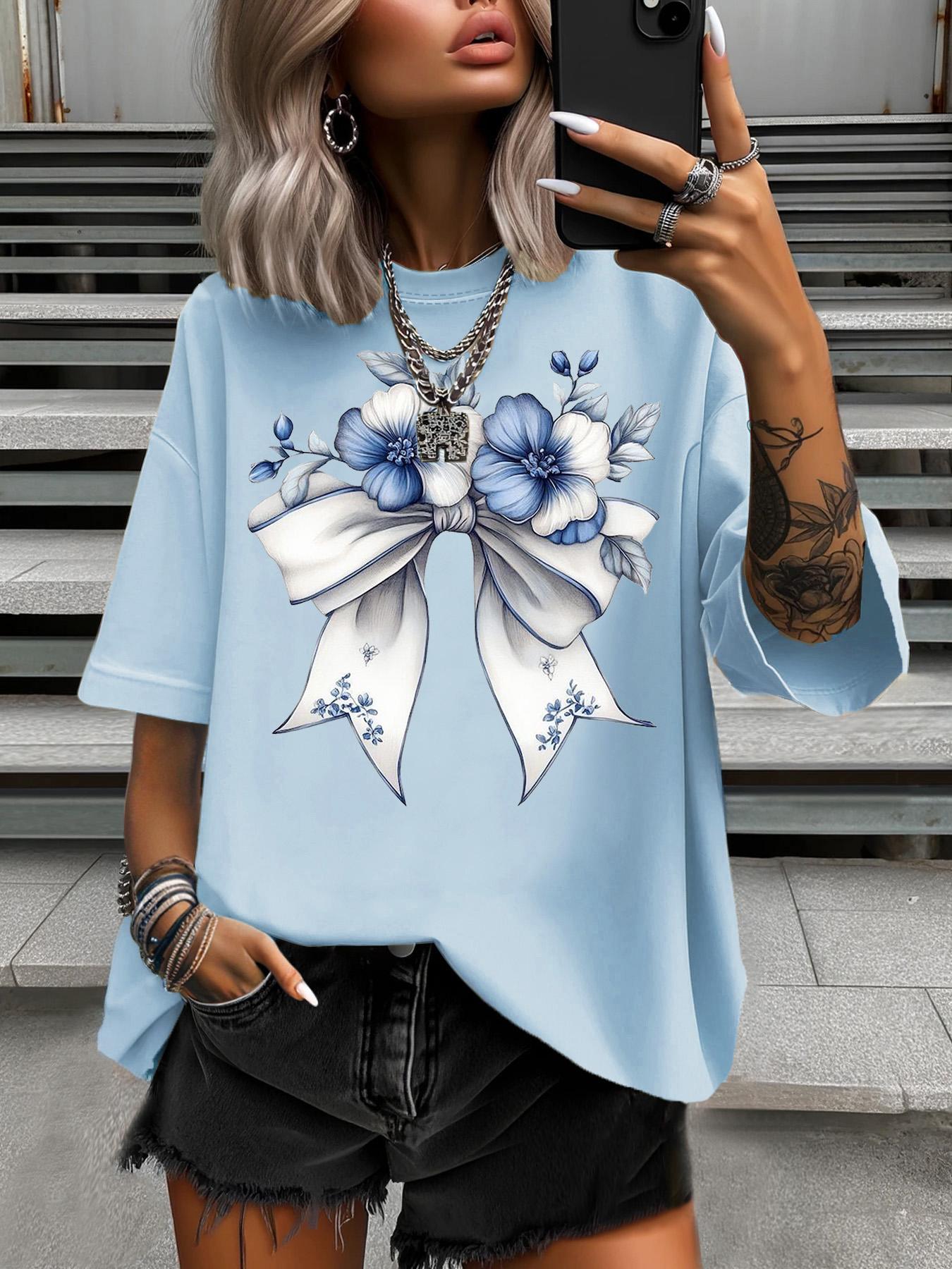 

Fashion Bowknot Printed Summer Women s Plus Size T-Shirt Women s Casual Soft Crew Tops 3XL