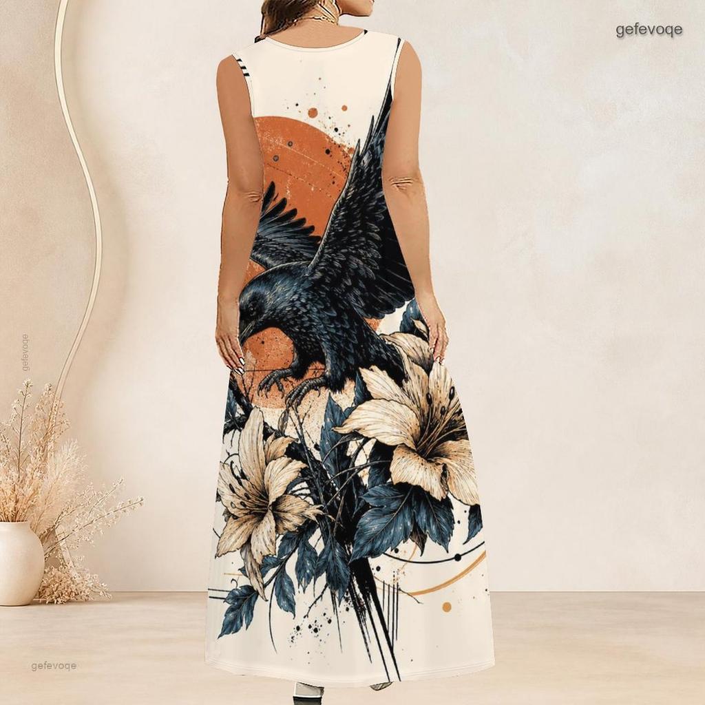 Women Plus Size Sleeveless Scoop Neck A Line Long Dress Black Purple Feather Printed