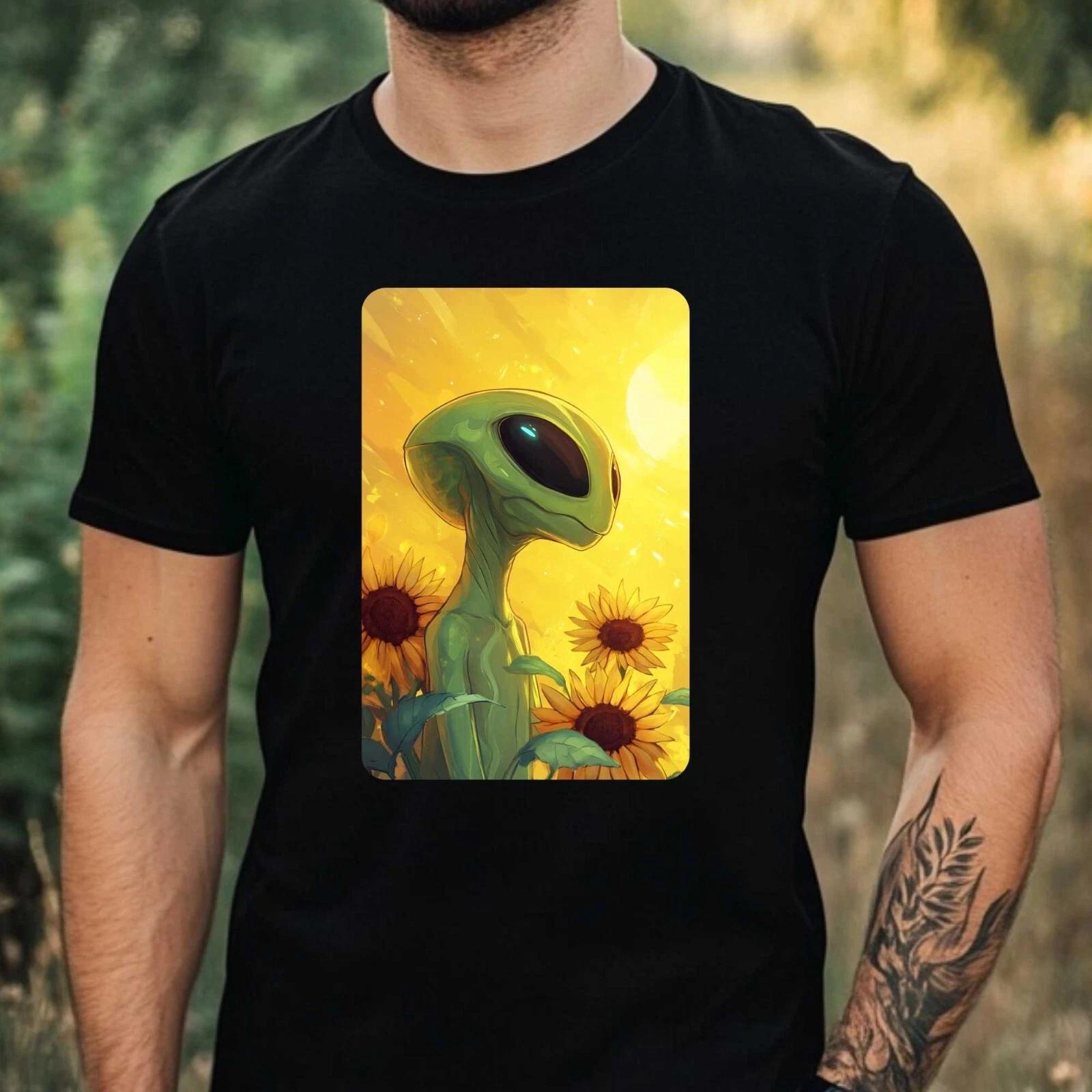 T-Shirt Herren Alien mit Sonnenblume Motiv Baumwolle Größe XS bis 5XL XXXL