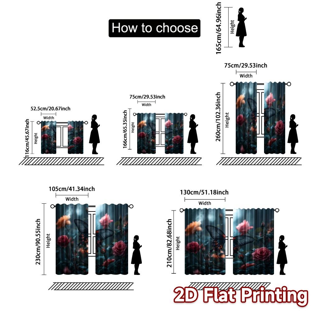 2pcs, 2D FLAT PRINTING Curtains (Without Rod) Butterfly Bloom Popular Fashionable Curtains Versatile Fabric Curtains Versatile