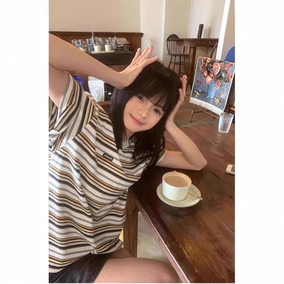 

Men s Summer Japanese Retro Color Block Crew Neck T-Shirt with Stripes and Embroidery XXL