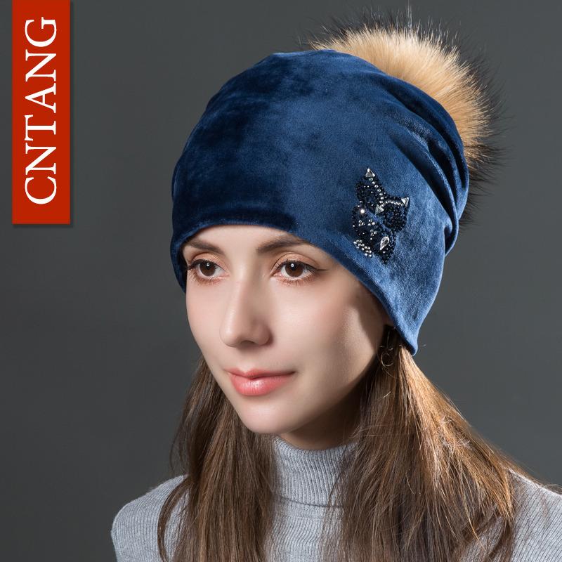 CNANG 2024 Owl Rhinestones Hats For Women Winter Warm Plus Velvet Fashion Caps With Natural Fur Pompoms Female Skullies Beanies