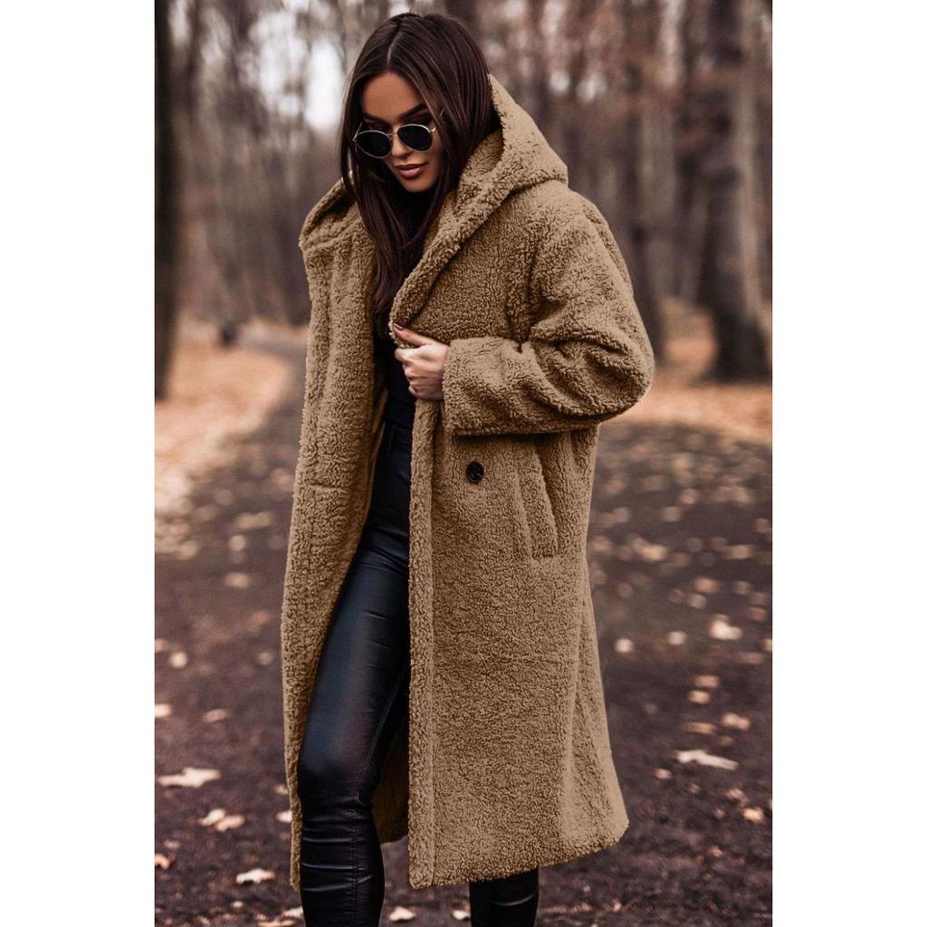 Damen Herbst- und Wintermode Wollmantel Einfarbig Locker Langärmlig Lässig Woll-Kapuzenmantel mit Einzelknopfleiste