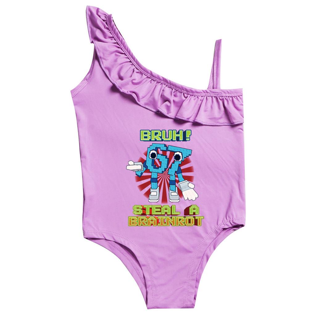 9192 Kinder Jungen Mädchen Steal a Brainrot 67 Six Seven Print Rüschen Badeanzug Schwimmen Einteiler Body Bademode
