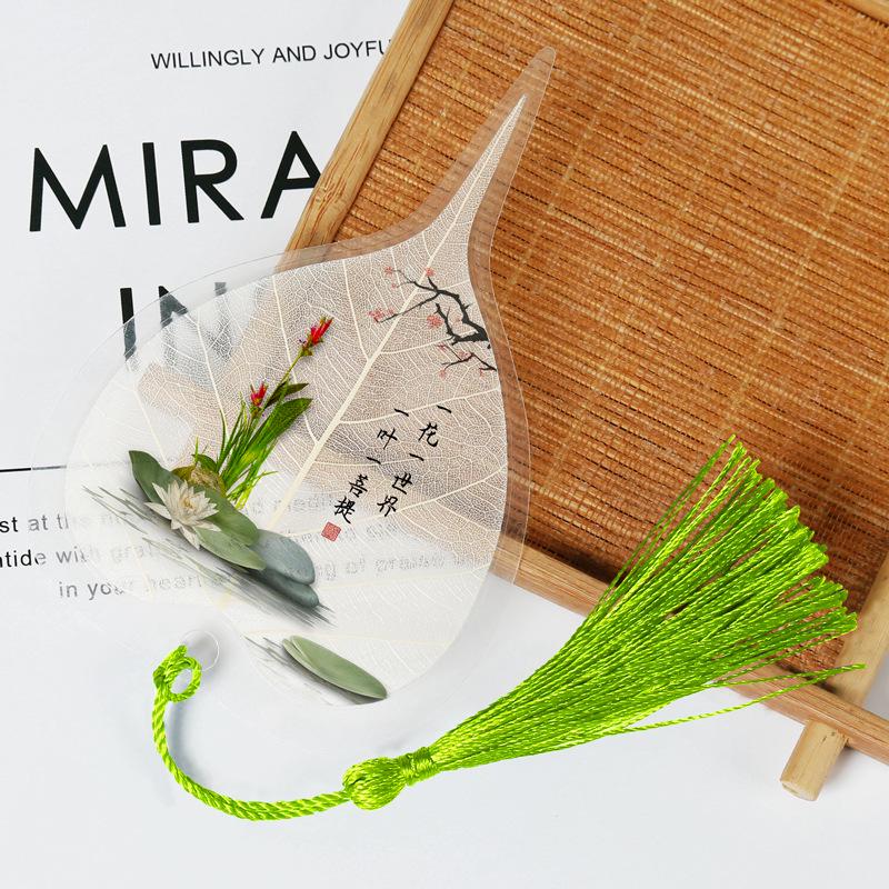Chinese Bodhi Leaf Bookmark: Floral Ink Wash Style with Peach Blossom, Peony, and Lotus