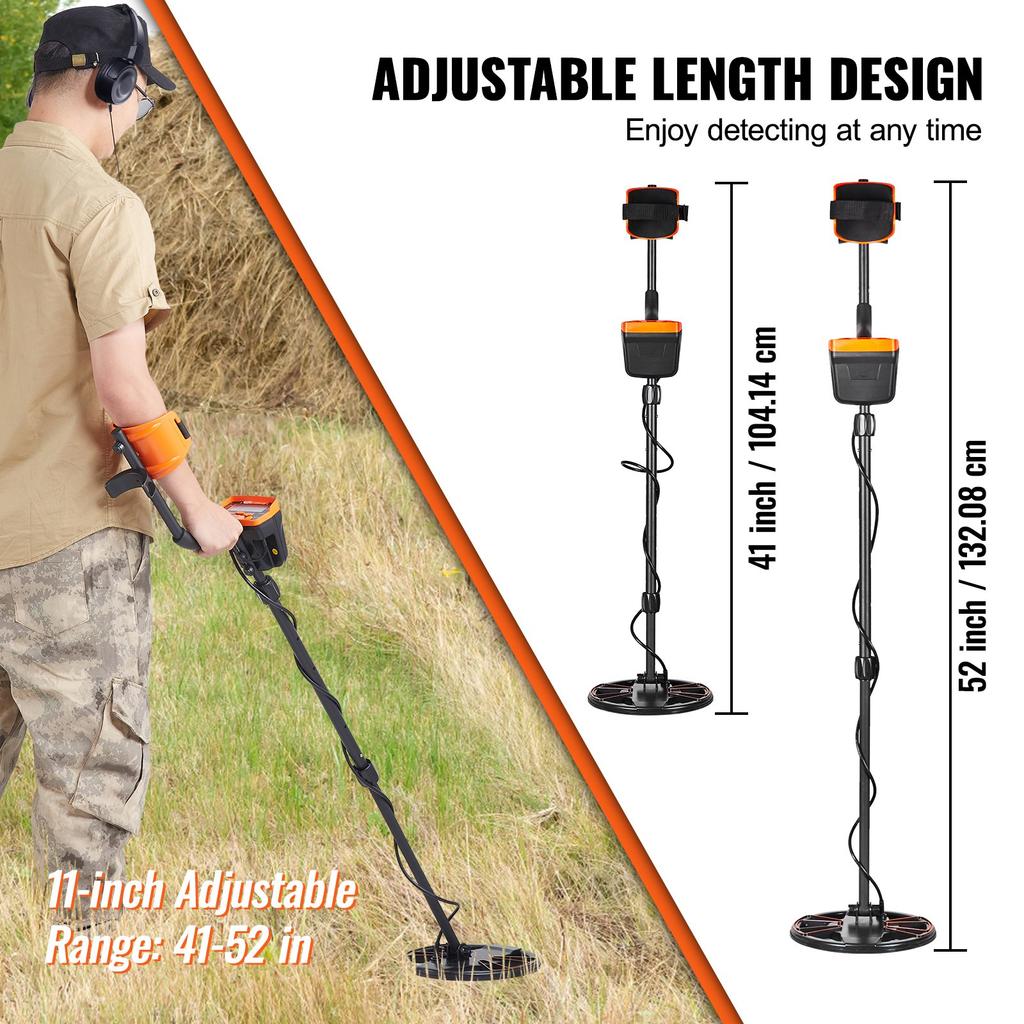 VEVOR Metal Detector for Adults & Kids, 25.4 Cm Waterproof Search Coil with LCD Display 7 Modes, Adjustable 104.1 Cm - 132.1 Cm Aluminum Stem