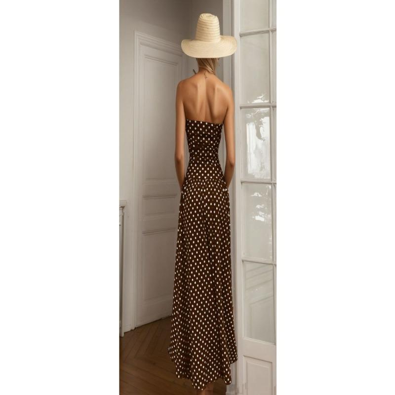 Women Retro Polka Dot Strapless Slim Fit A Line Long Dress