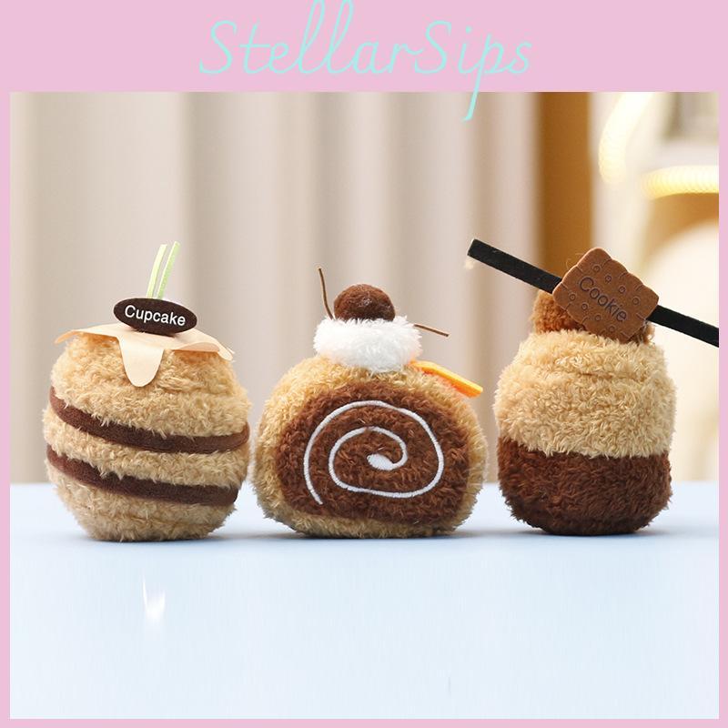 Cute Afternoon Tea Cake Plush Keychain With Soft Short Pile For Bag Decor