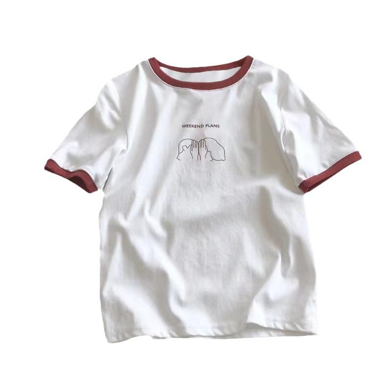 

Женская футболка на лето в новом студенческом стиле, пуловер с круглым вырезом, простой топ с коротким рукавом, корейский стиль, свободная, облегающая женская One size