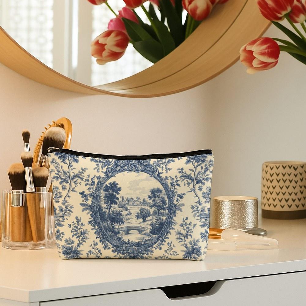 1 stuks Franse Toile Blauwe Print Make-uptas Pastorale Landschap Toiletartikelen Organizer Ritsluiting Lichtgewicht Reizen Make-up Pouch