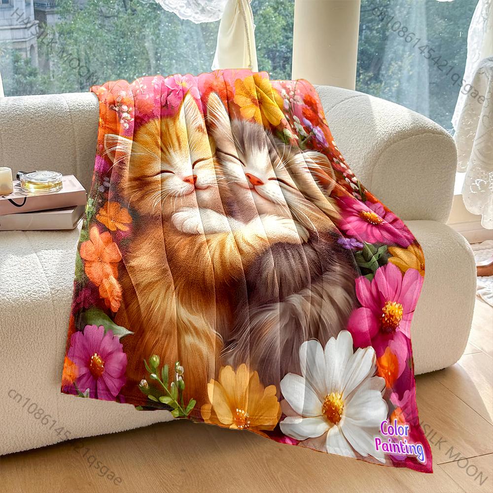 1PC Kittens Hugging Among Flowers Pattern Blanket Flannel Material Soft Warm for All Seasons Home Outdoor Camping Picnics RV