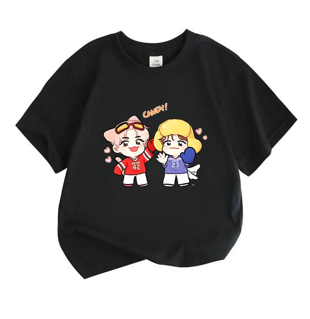 Kids Boys Girls 100% Cotton Crew Neck Short Sleeve T-Shirt, Cute Cartoon Chibi Idol Couple Print Casual Soft Summer Tee, Lovely Candy Pattern Breathab