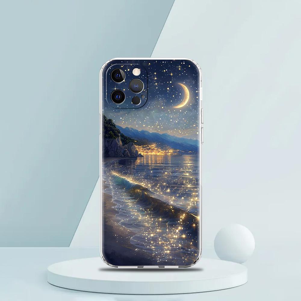 Soft TPU Transparent Phone Case for iPhone 16 15 14 13 12 11 Pro Max XR 8 7 Plus XR Starry Night Art Aesthetic Beach Night View