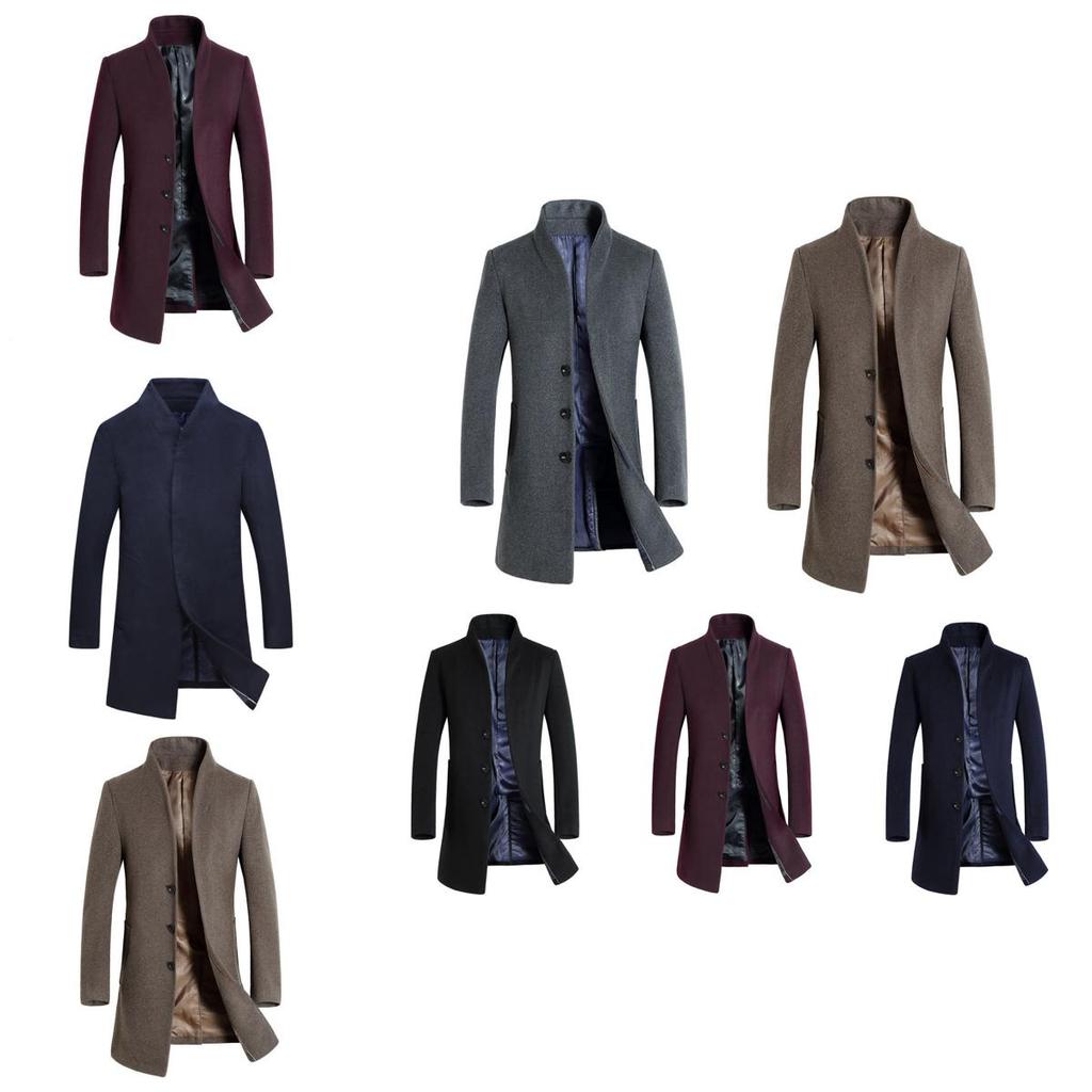 Luxurious Mens Winter Formal Trench Coat Double Breasted Long Wool Jacket Outwear