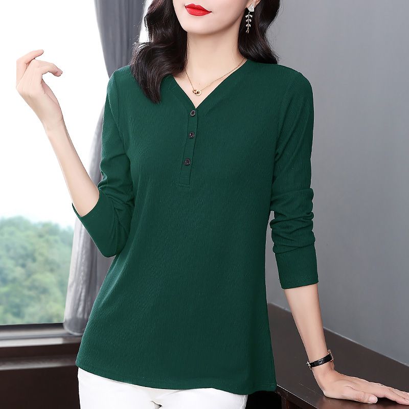 

Autumn Fashion Solid Color T Shirt Woman V Neck Long Sleeve T-shirt Women European Style Female Button Shirts L зелений