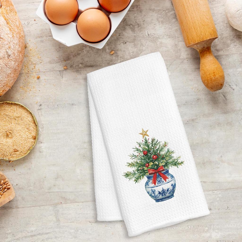 Chinoiserie Christmas Kitchen Towels, Grandmillennial Christmas Decor, Coquette Red Bow Xmas Tree Decorative Dish Hand Tea Towels for Bathroom