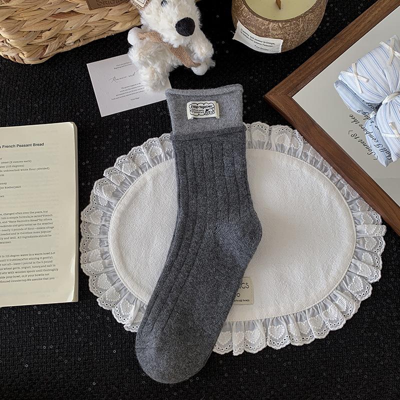 Wool Socks - Children's Mid-length Autumn-winter Trendy Padded Thick Cartoon Girls' Embroidered Long Socks Long Stockings