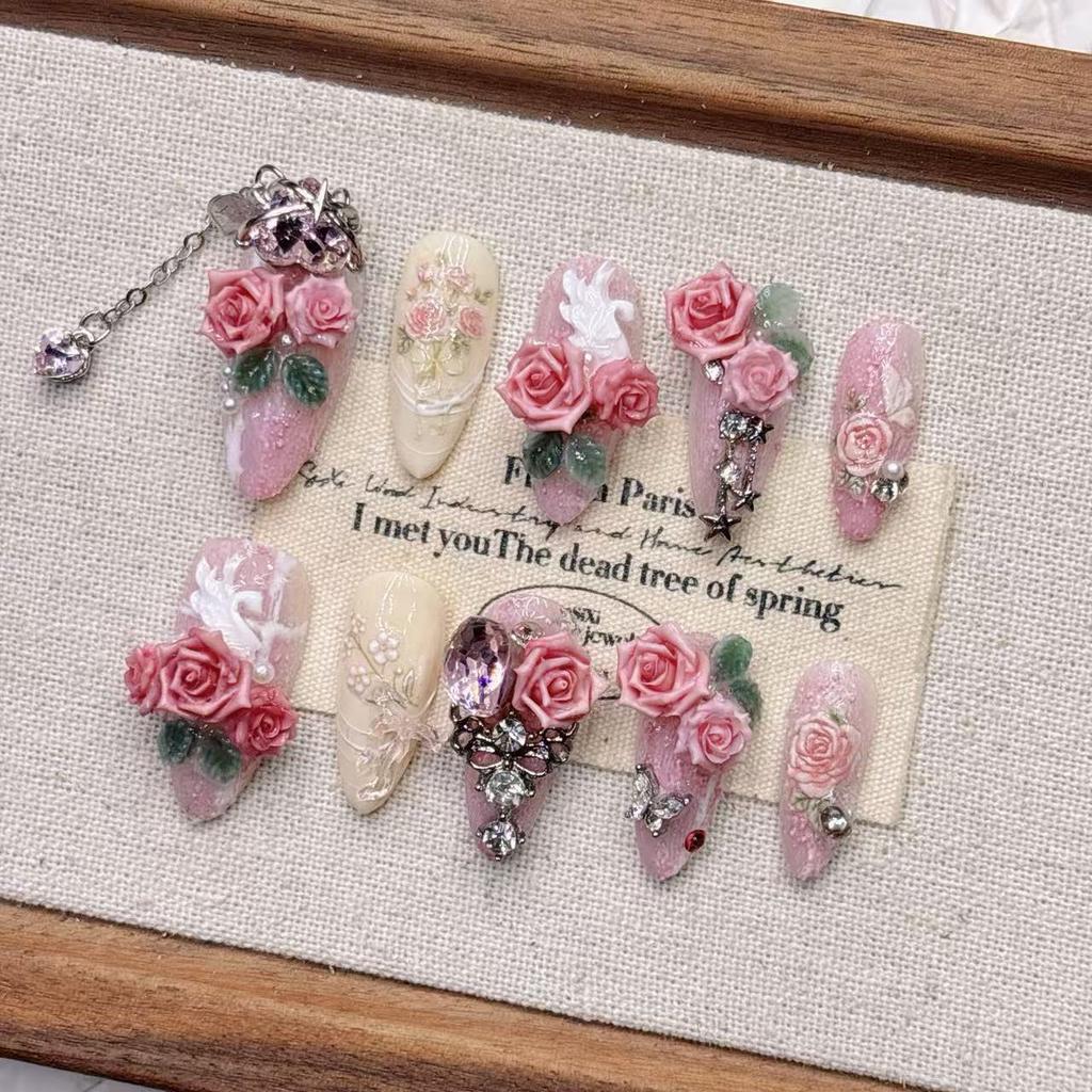 Square Press on Nails Almond Fake Nails French Tip False Nails with 3D Design Full Cover Acrylic Glue on Nails Artificial Stick on Nails for Women