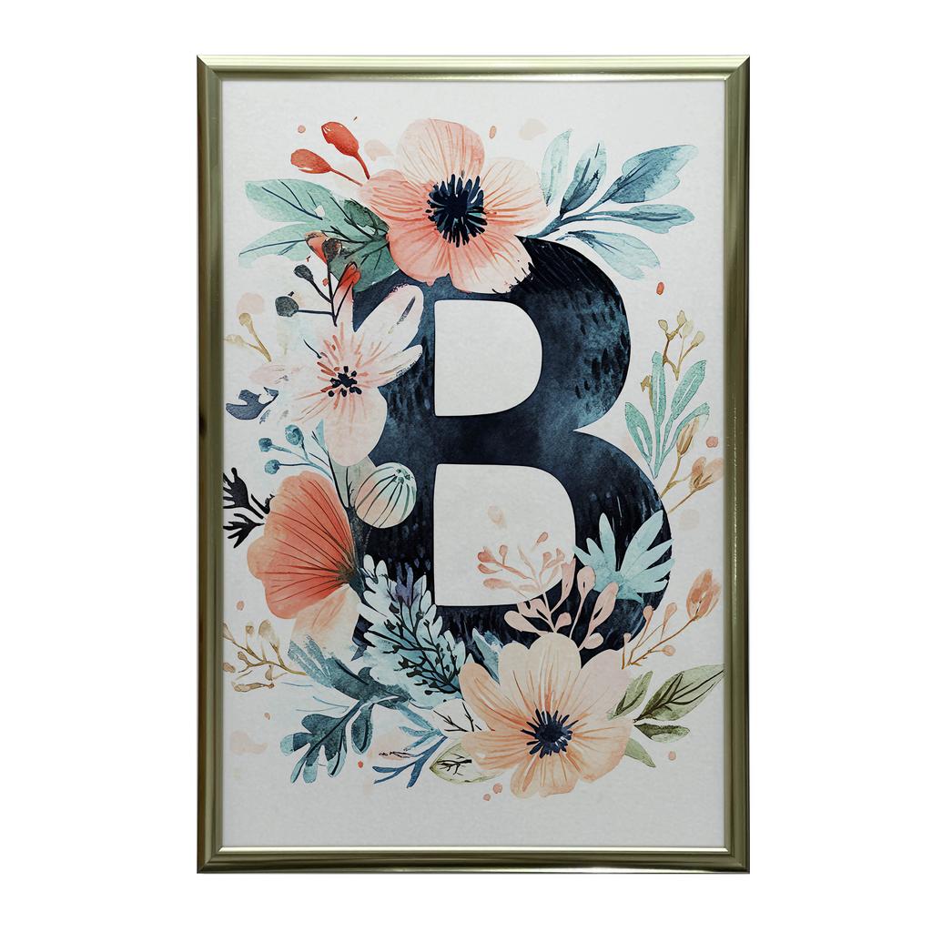 Plakat Litera "B" Otoczona Kolorowymi Kwiatami Plakat Litera "B" Otoczona Kolorowymi Kwiatami, 30X40 Cm, Rama Drewniana Ciemny Brąz, Papier Matowy 230