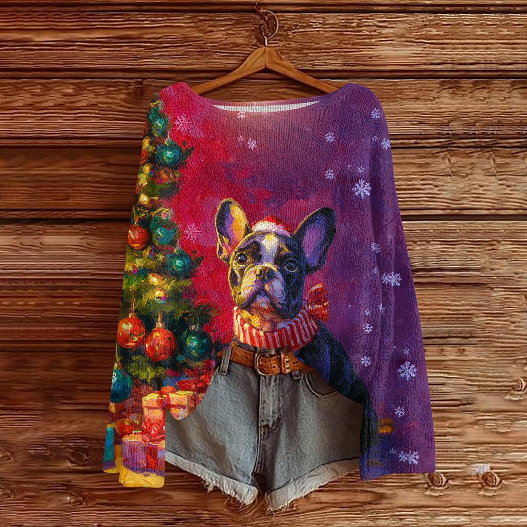 Women's Casual Fashion Round Neck Top Christmas Print Long Sleeve Knit Pullover