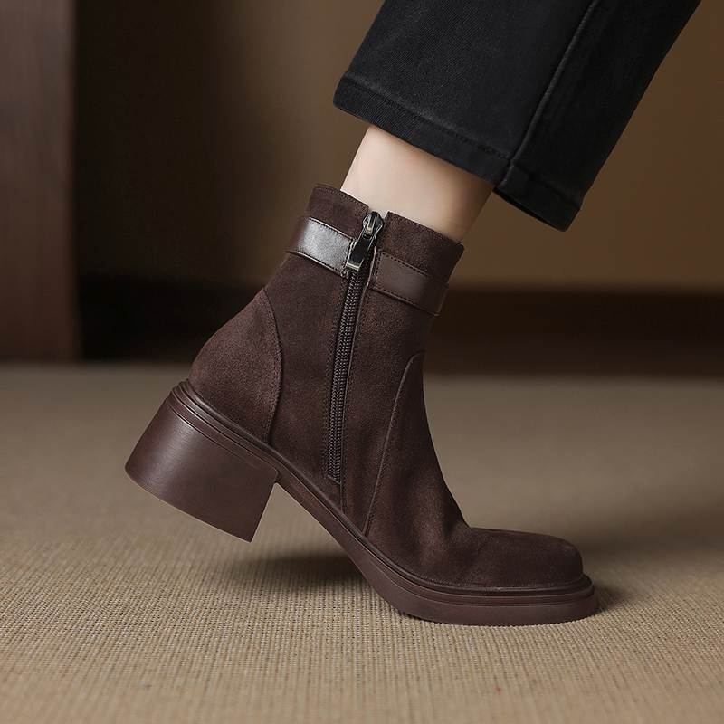 Krazing Pot Cow Suede Nubuck Round Toe Thick Heels Chelsea Boots Size 42 Zipper Women Keep Warm Ankle Boots