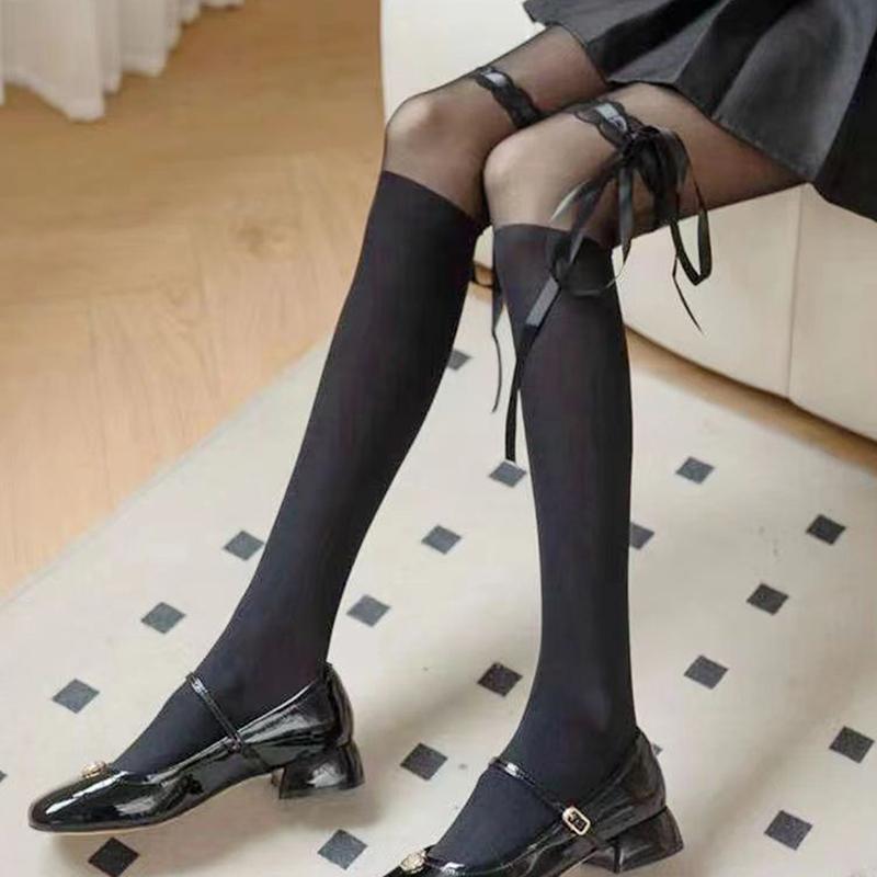 Versatile Fashion Bow Lace Stockings For Women Girls Sexy Anti Hooking Pantyhose Spring Summer Black Beige Thin Lolita Leggings