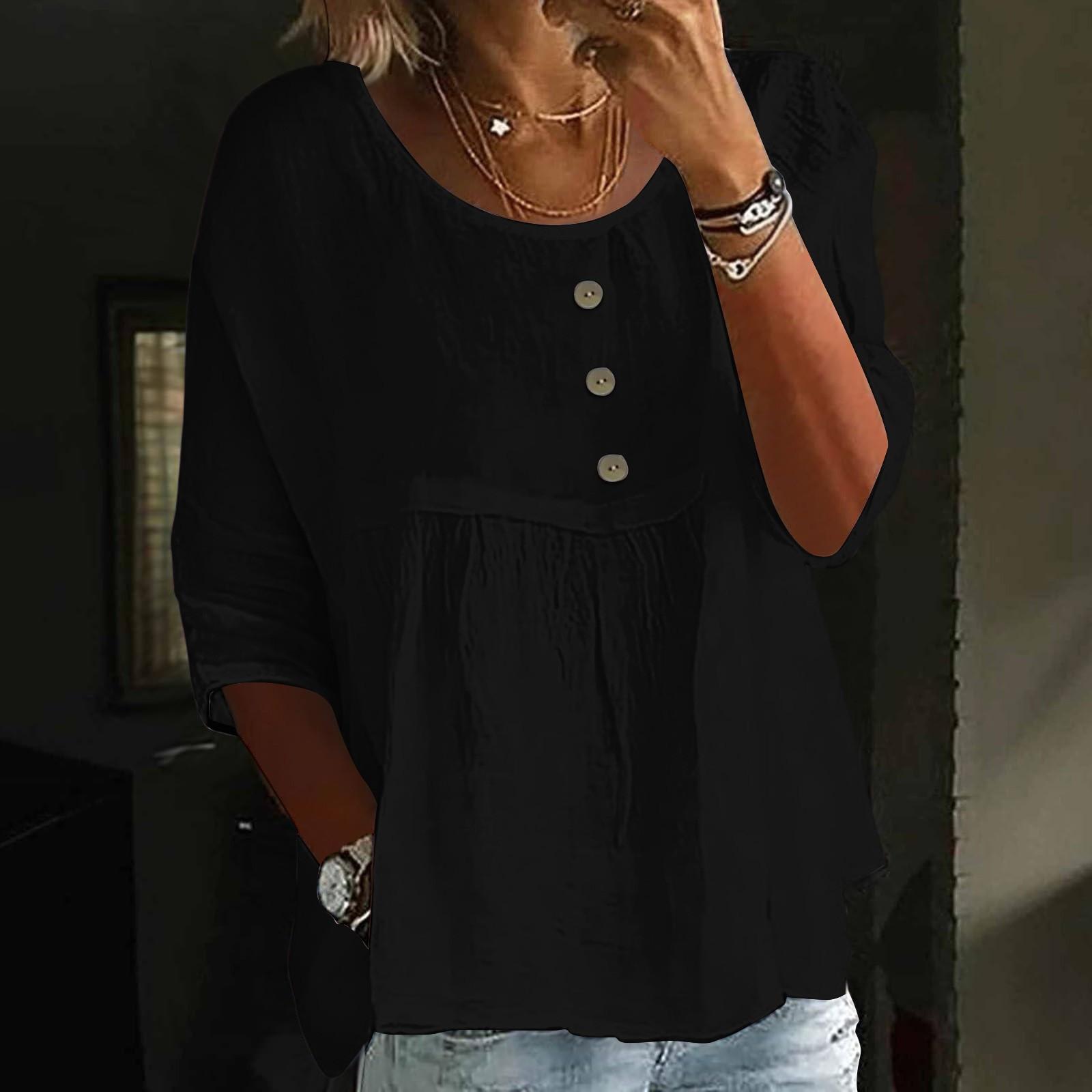 

Женский повседневный модный топ с рукавом три четверти, свободного кроя, с круглым вырезом и пуговицами, однотонный XL чёрный