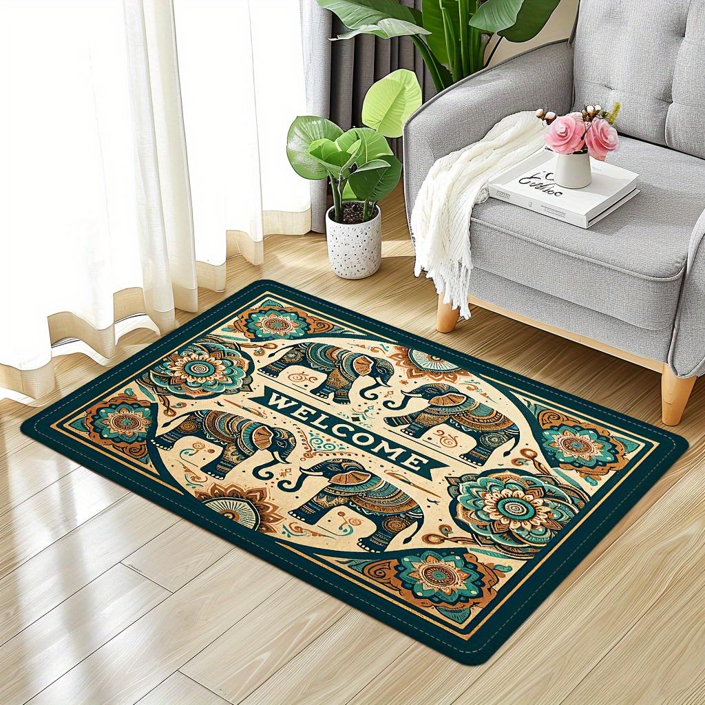 Luxury Flannel Floor Mat Carpet with Thick Sponge Cushion,Non-Slip Washable Vintage Elephant Design for Bedroom Kitchen Bathroom