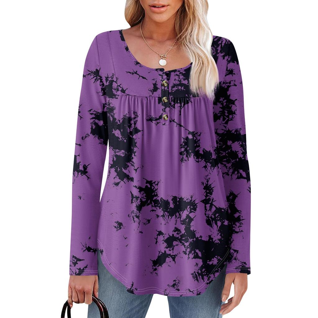 Dame Langermet Tunika Løse Topper Casual Oversized Topper Plissert Tunika Knapper Ned Casual Dame Print Topper