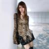 VAYLA Japanese Y2k Leopard Print Shirt Vintage Harajuku Ruffled Blouses Grunge Aesthetics V-neck Irregular Shirt Trashy 90s
