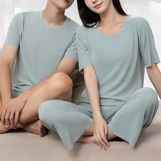 Women's Ice Silk Pajama Set Pullover Short Sleeve T-shirt And Pants Casual PJs Set Summer 2 Piece Loungewear