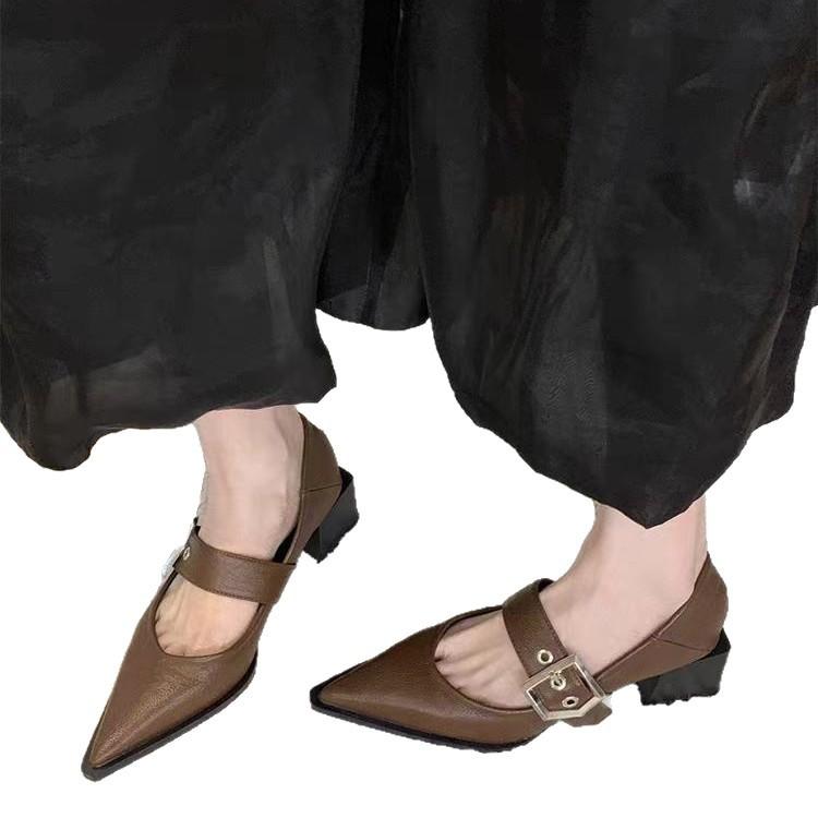 French Retro Mary Jane Thick-heeled Single Shoes Women's 2025 New Temperament Pointed One-word Buckle with Small Fragrant High Heels