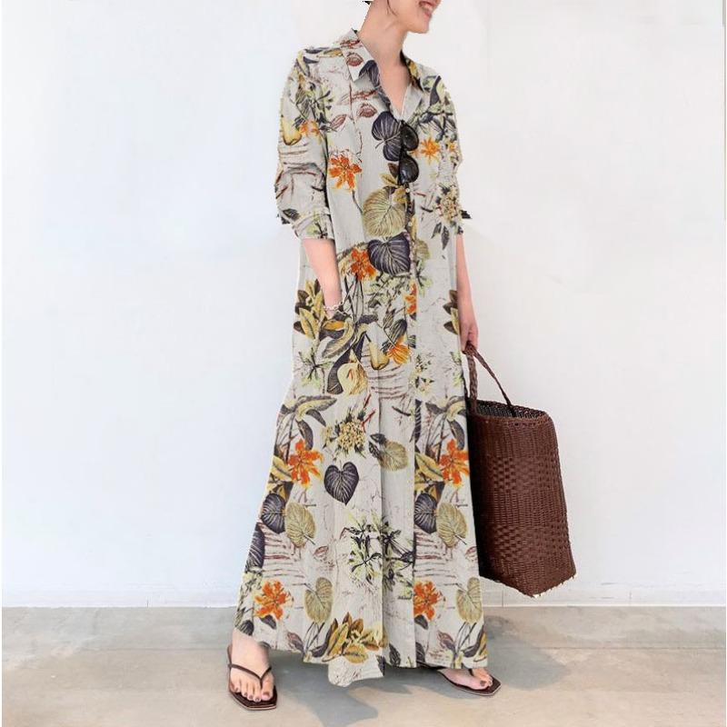 

Spring Autumn Women Plus Size Cotton Linen Printed Lapel Long Sleeve Pocket Dress Simple Loose Casual Long Shirt Dresses S