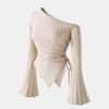 Elegant Off Shoulder Women T-shirt Casual Flared Long Sleeve Blouse Spring Autumn Irregular Lace-up Tops Fashion Solid Color Slim Fit Clothing