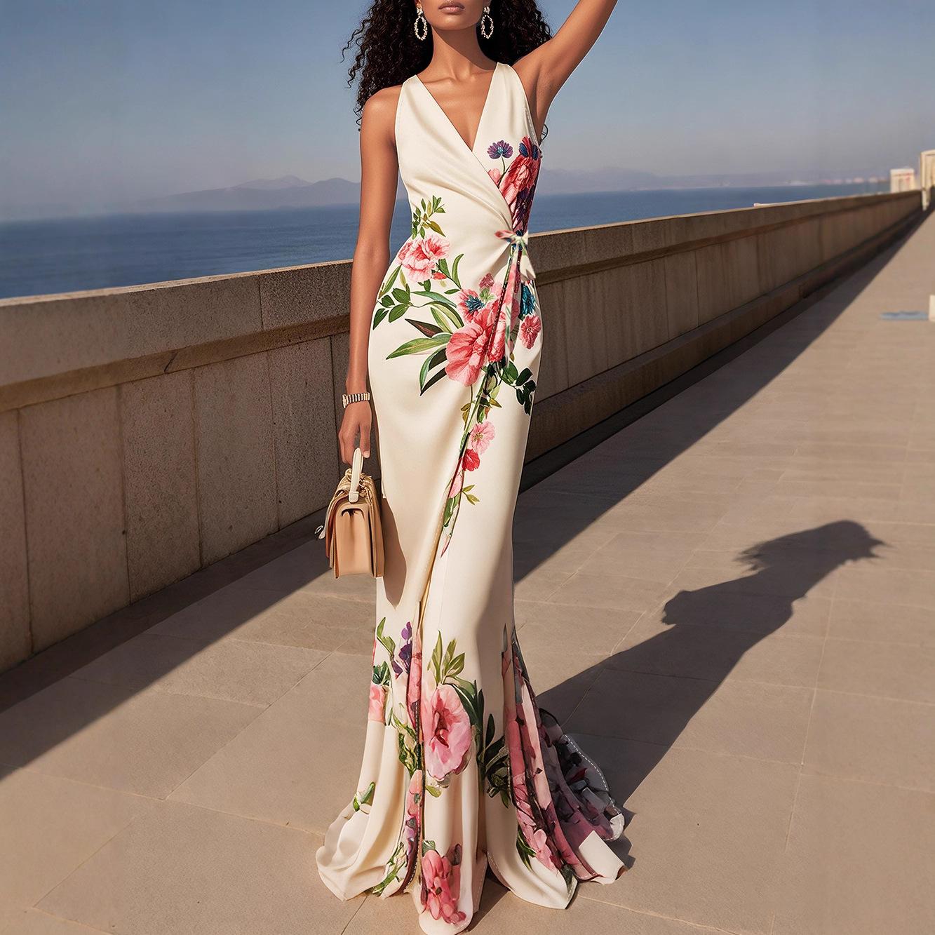 

Новое элегантное и модное платье с принтом, приталенного силуэта, с V-образным вырезом и подчеркнутой талией. XXL абрикосовый