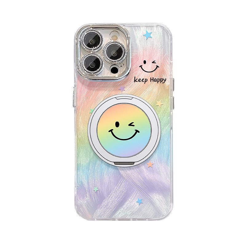 Rainbow smiley face fulcrum bracket is suitable for Apple 16 feather yarn mobile phone case 13promax all-inclusive lens film 15 advanced.