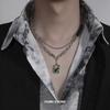 Titanium Steel Double Layer Green Zircon Necklace For Men Women Fashion Square Pendant Spliced Bead Chain Male Kpop