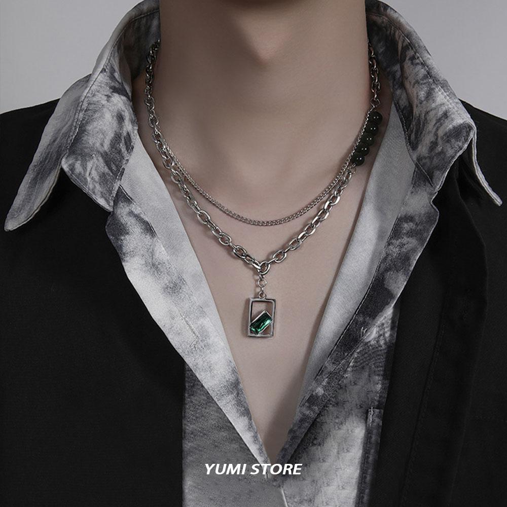 Titanium Steel Double Layer Green Zircon Necklace For Men Women Fashion Square Pendant Spliced Bead Chain Male Kpop