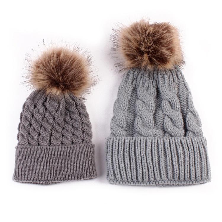 Pom Pom Hat in Matching Style for Parent Children Knitted Caps in Solid Color