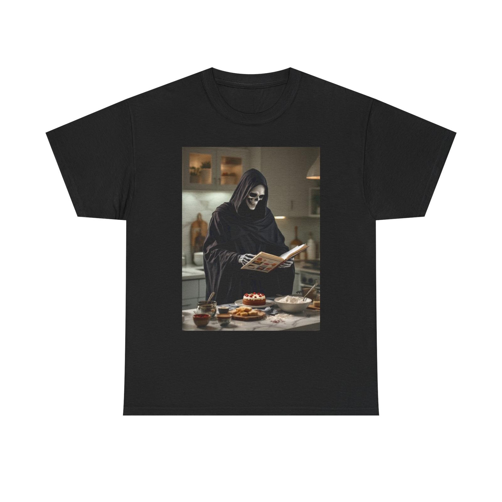The Grim Reaper Studies a Cookbook T-Shirt Funny Halloween Tee for Dark Humor M