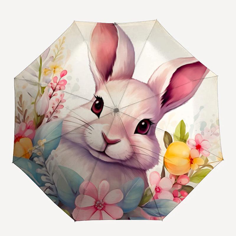 1pc Bunny Floral Bouquet Automatic Folding Umbrella, 8-Rib Iron Frame, Casual Outdoor Accessory for Birthday Festival Gifts Yy251128189