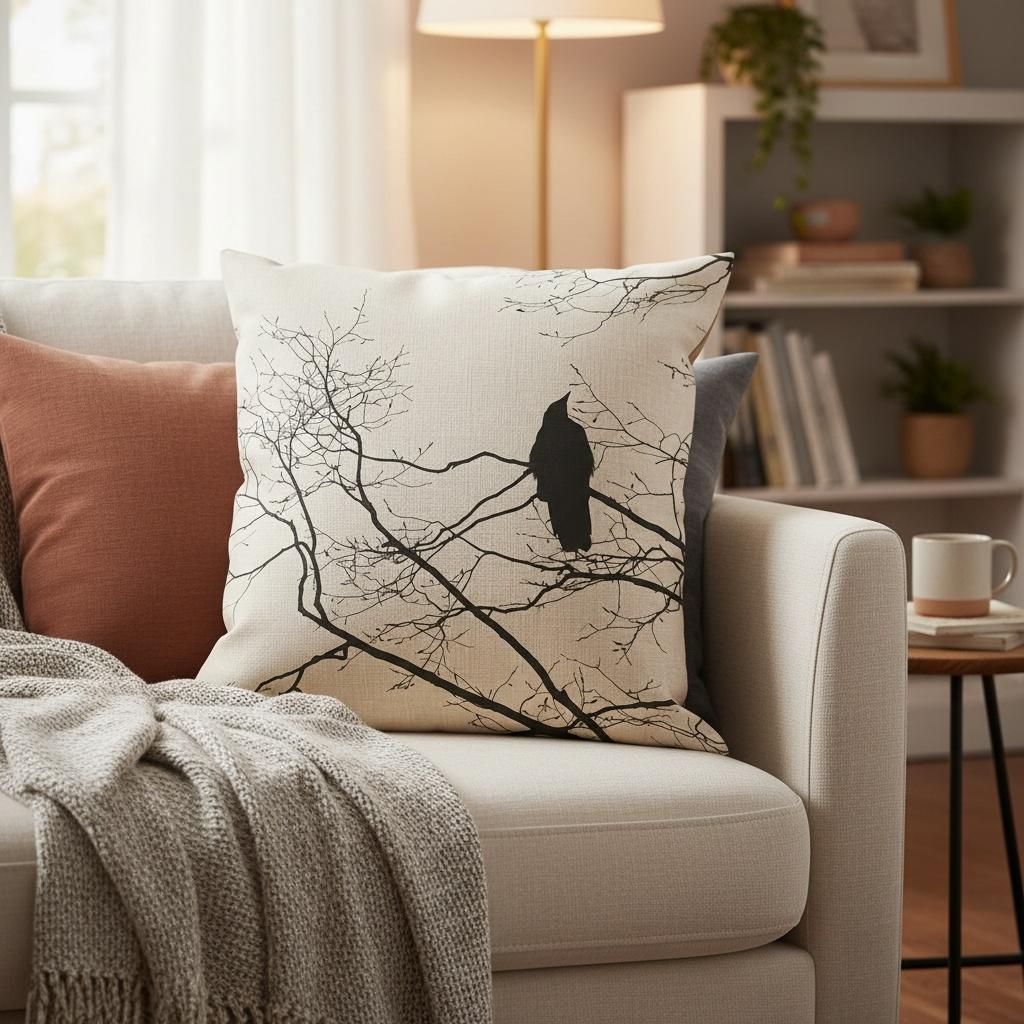 Funda de Almohada Minimalista de Cuervo Estampado de Silueta de Árbol Negro Funda de Cojín Decoración del Hogar Japandi Wabi Sabi Regalo
