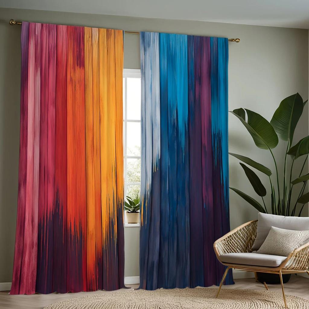 Set Of 2 Artistic Classic Striped Color Block Printed Curtains Bagged Home Decoration Room Curtain Polyester