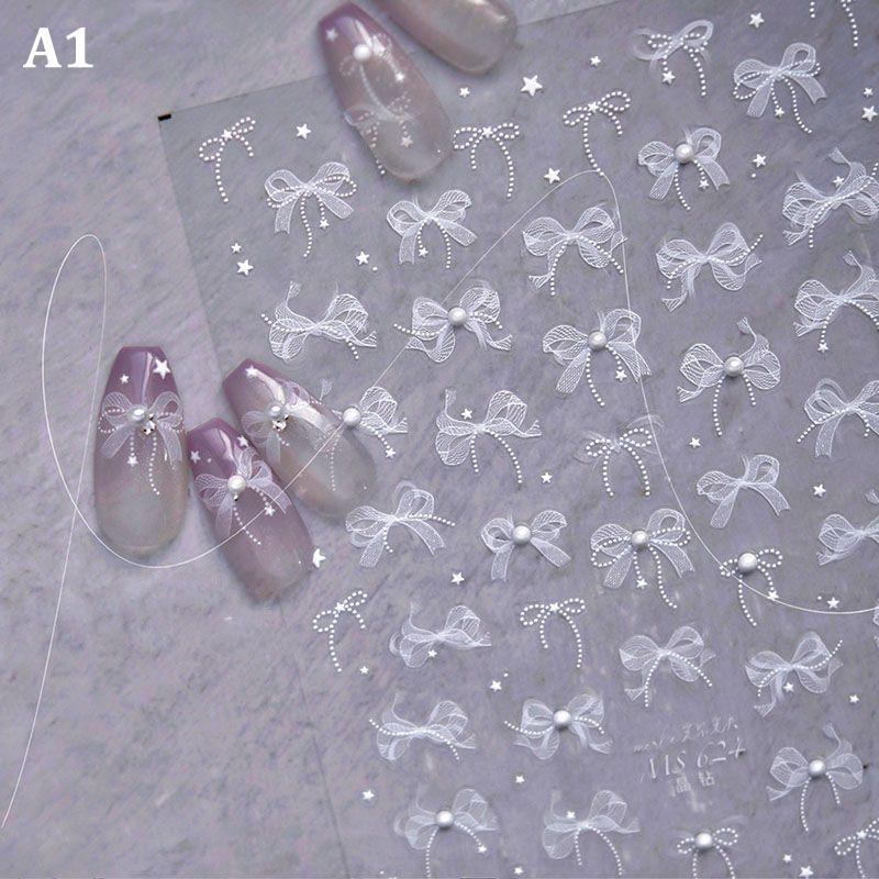 

5D Белый кружевной бант наклейки для ногтей перламутровые стразы украшения ногтей клейкие наклейки слайдер DIY аксессуар A1