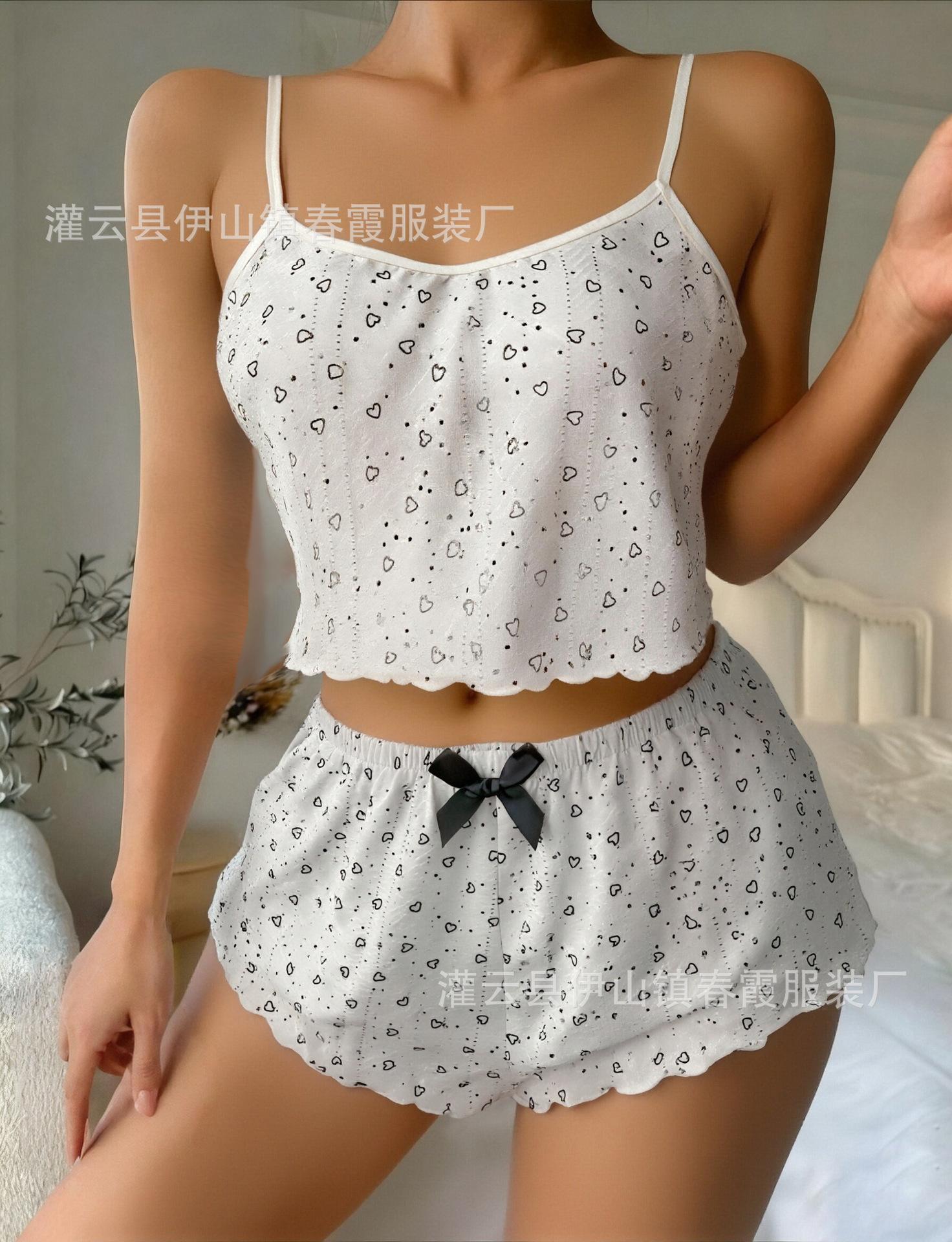 

2026 spring and summer knitted pit strip love printing long sleeve suspender trousers pajamas two-piece loungewear S
