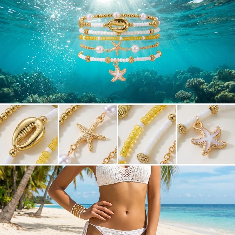 1 Set Summer Ocean Blue Beads Strand Hand Chain Bohemia Starfish Shell Beaded Bracelets For Women Jewelry Beach Vacation Gift