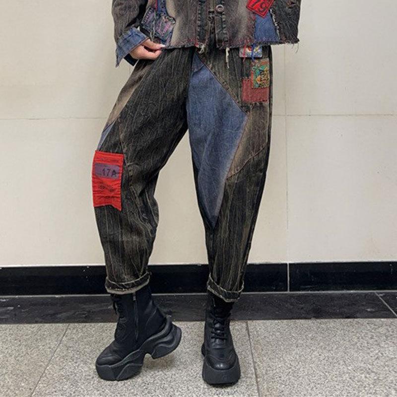 Trendy and cool fashion color matching printing old denim suit autumn dress new loose personality Harlan pants two-piece set